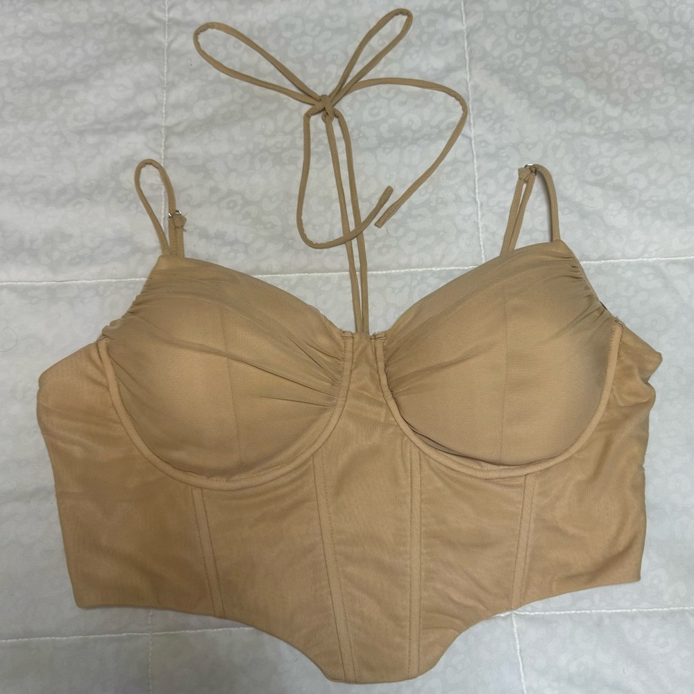 NWOT Fashion Nova Mesh Cropped Corset Top - Beige